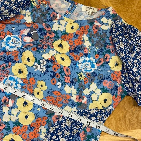 NWOT!! Umgee Patchwork Boho Blue & Yellow Floral Long Sleeve Dress Size Small - Picture 7 of 13